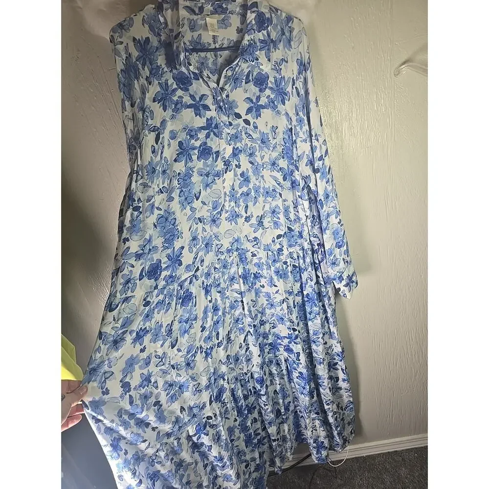 H&M Button Up Shirt Dress XL Blue Floral Oversized Lightweight Travel Summer - Picture 4 of 10